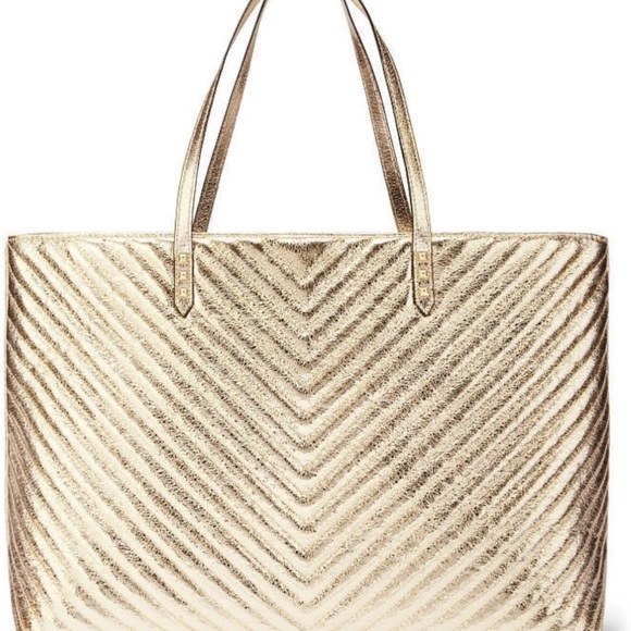 NWT VS Gold Metallic Quilted Chevron Tote Large Shoulder Bag w/Tassel - Picture 5 of 7